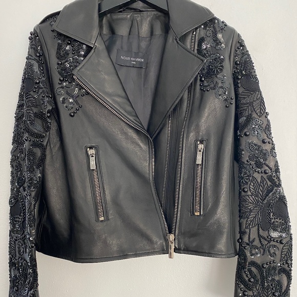 Nour Hammour Sophia Zip-Front Leather Jacket w/ Studded Embroidered Sleeves - Picture 13 of 14